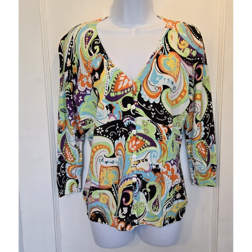 RED Brand Button Down Cardigan w/ Orange Lime Black Turquois White Design Medium